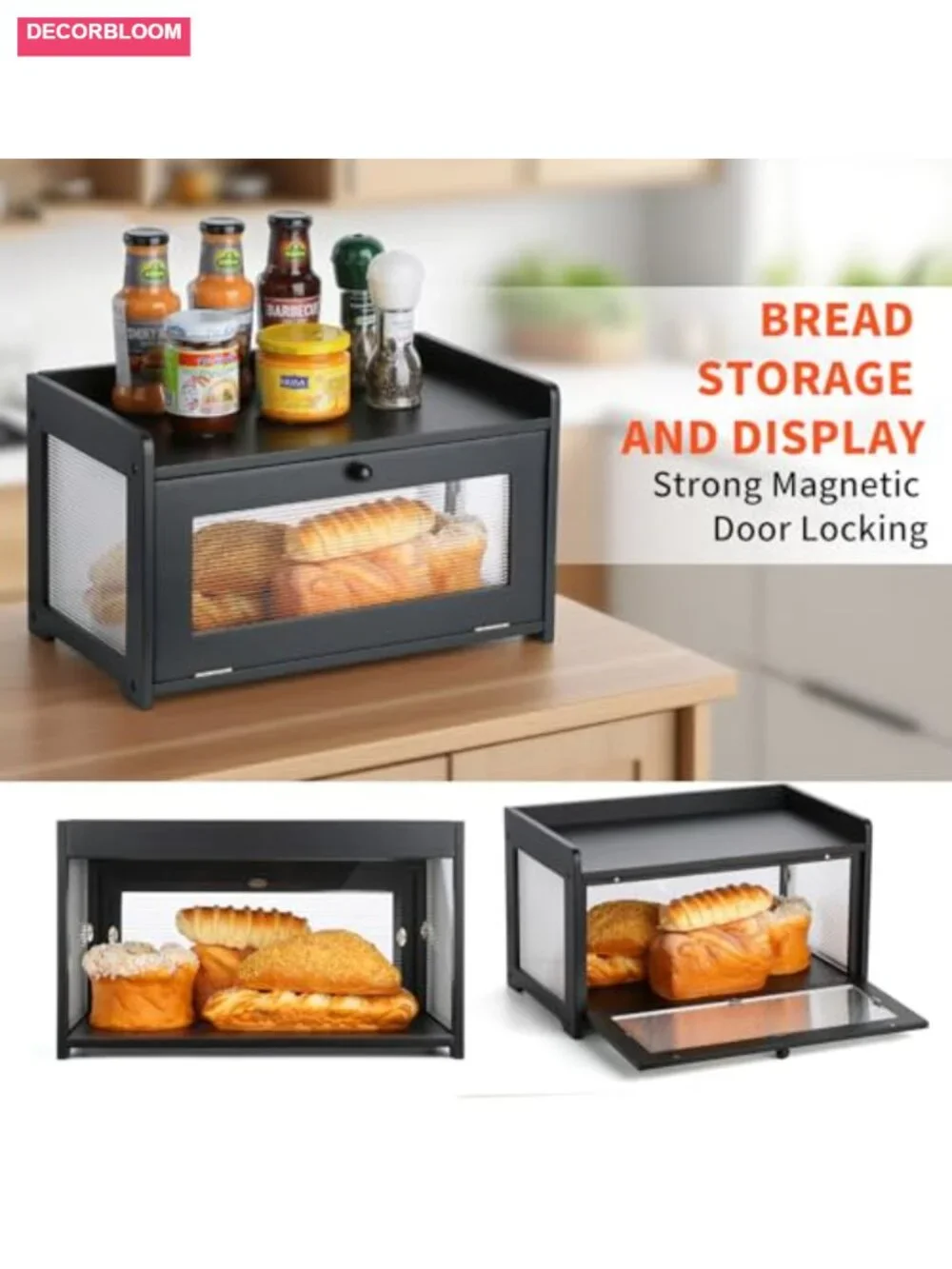 Kerisgo Wooden Bread Box with Magnetic Acrylic Door - Large Capacity